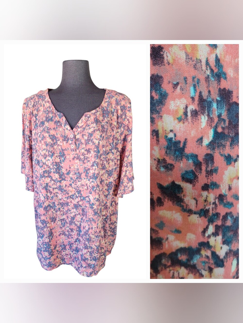 Denim & Co Floral Print V-Neck Short Sleeve Top - Peach Orange D&Co.